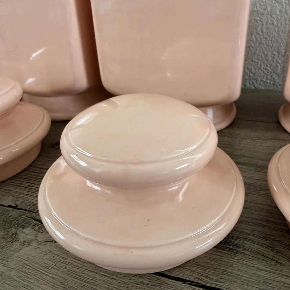 Set Of 4 Vintage MCM Salmon Pink Ceramic Glazed Canisters With Lids 80's? 90's?